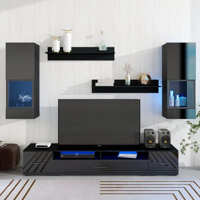 Homiyad Extended, Minimalist Style 7 Pieces Floating TV Stand Set, High Gloss Wall Mounted Entertainment Center with 16-Color LED Light Strips for 90+ Inch TV, Black - Image 2
