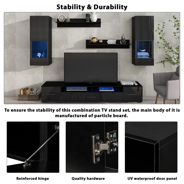 Homiyad Extended, Minimalist Style 7 Pieces Floating TV Stand Set, High Gloss Wall Mounted Entertainment Center with 16-Color LED Light Strips for 90+ Inch TV, Black - Image 4