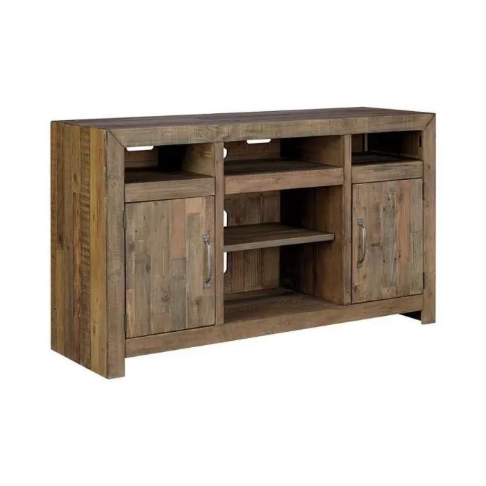 Benzara BM194800 Pine Wood TV Stand with LED Fireplace Option & Two Side Cabinets - Brown - Large - 20 x 62 x 36 in.