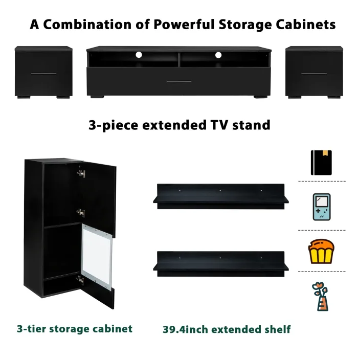 Homiyad Extended, Minimalist Style 7 Pieces Floating TV Stand Set, High Gloss Wall Mounted Entertainment Center with 16-Color LED Light Strips for 90+ Inch TV, Black - Image 5