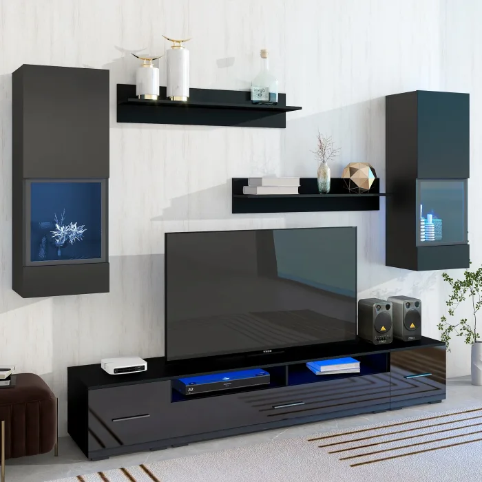 Homiyad Extended, Minimalist Style 7 Pieces Floating TV Stand Set, High Gloss Wall Mounted Entertainment Center with 16-Color LED Light Strips for 90+ Inch TV, Black