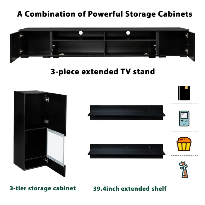 Homiyad Extended, Minimalist Style 7 Pieces Floating TV Stand Set, High Gloss Wall Mounted Entertainment Center with 16-Color LED Light Strips for 90+ Inch TV, Black - Image 6