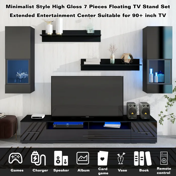 Homiyad Extended, Minimalist Style 7 Pieces Floating TV Stand Set, High Gloss Wall Mounted Entertainment Center with 16-Color LED Light Strips for 90+ Inch TV, Black - Image 8